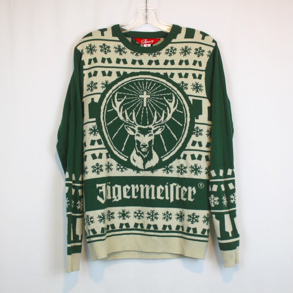 Shinesty Jagermeister Green Cream Pullover Knit Christmas Sweater